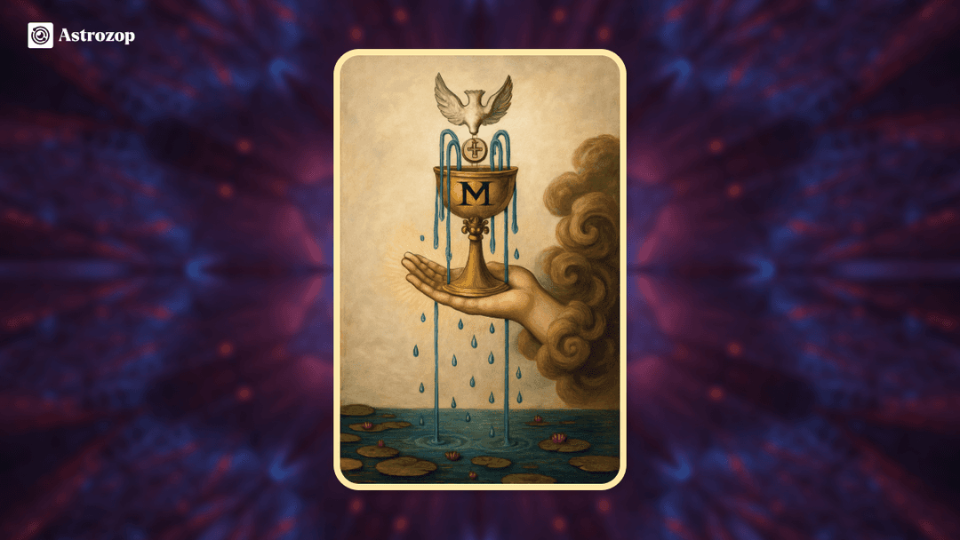 Ace of Cups tarot card showing a golden chalice overflowing with water
