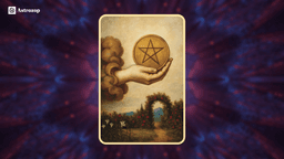 Ace of Pentacles tarot card showing a hand emerging from clouds holding a golden coin