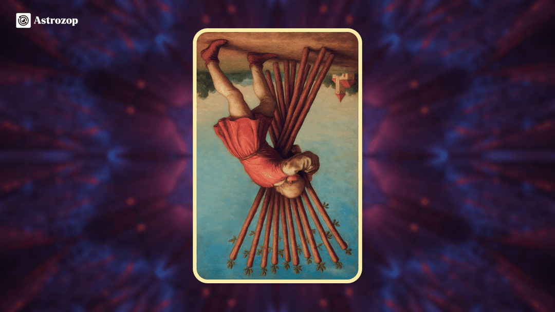 Reversed Ten of Wands tarot card showing a struggling figure overwhelmed by the weight of wands