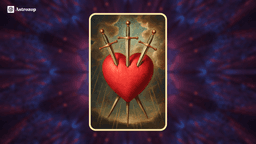 Three of Swords tarot card showing a heart pierced by three swords