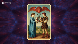 Two of Cups tarot card showing a man and woman exchanging cups